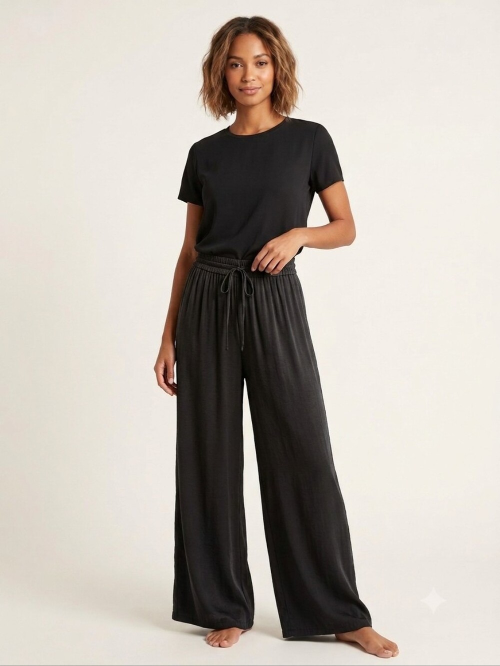 Rachel Zoe Black Satin Wide Leg Drawstring Pants Size M Flowy Boho Whimsigoth